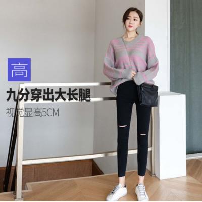 黑色破洞打底裤女外穿春夏新款季高腰显瘦九分小脚裤紧身铅笔长裤